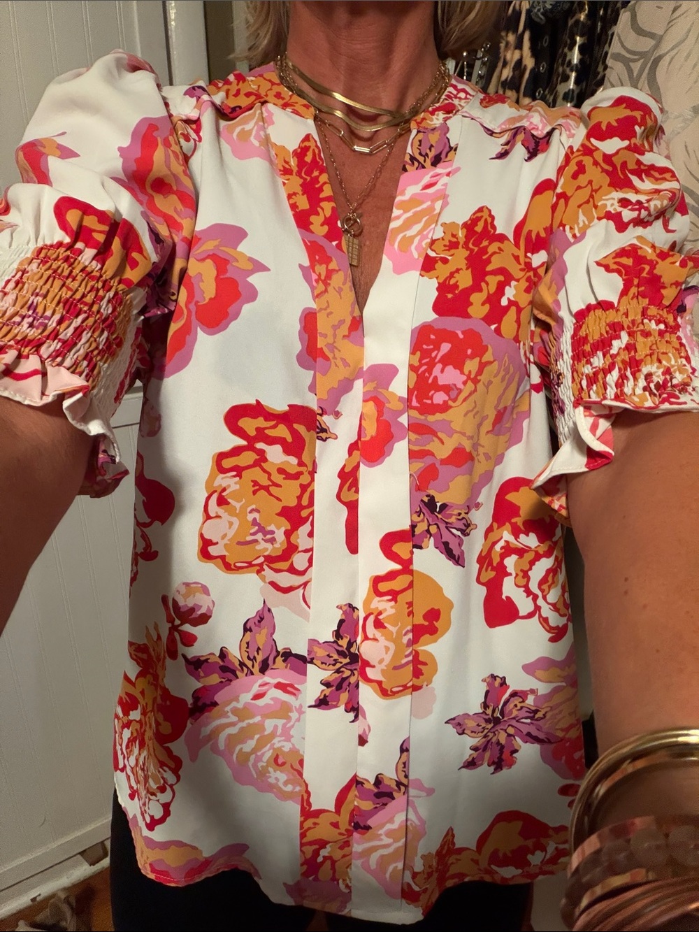 Floral Puff-Sleeve V-Neck Blouse - Medium Pink & Orange